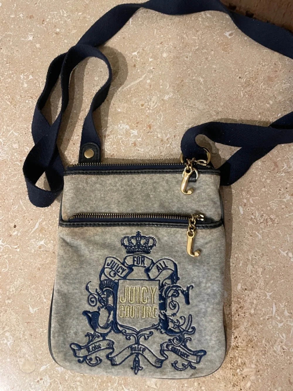 Vintage Juicy Couture Gray & Navy Embroidered Crossbody with Gold Hardware